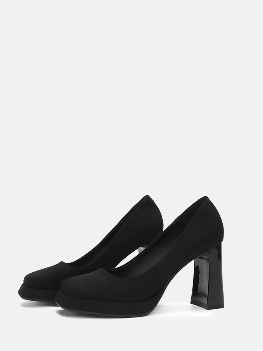 Women’s Suede Leather Platform Square Toe Block Heels Pumps - Black