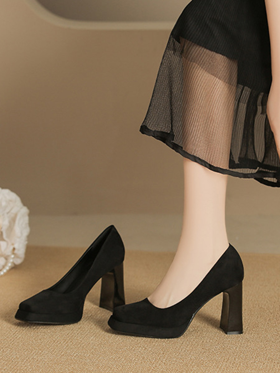 Women’s Suede Leather Platform Square Toe Block Heels Pumps – Black (3)