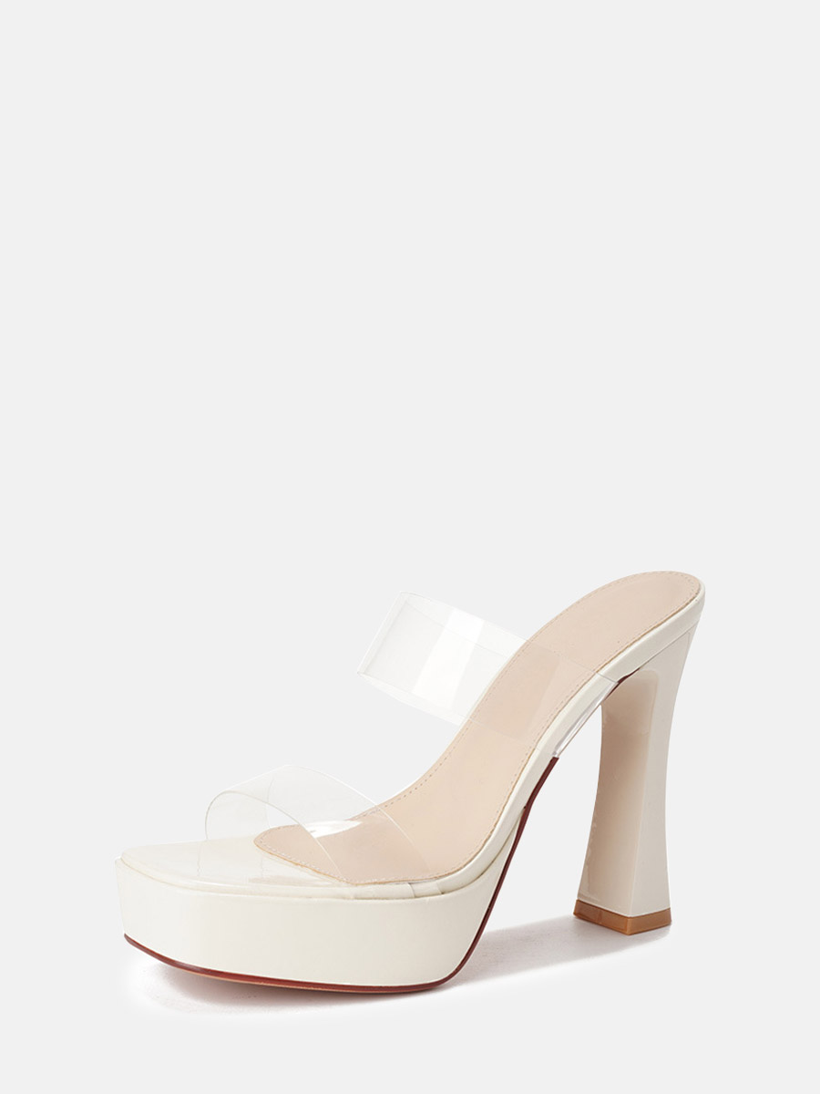 Women’s White PU Clear Strap Platform Square Toe Block Heels Sandals