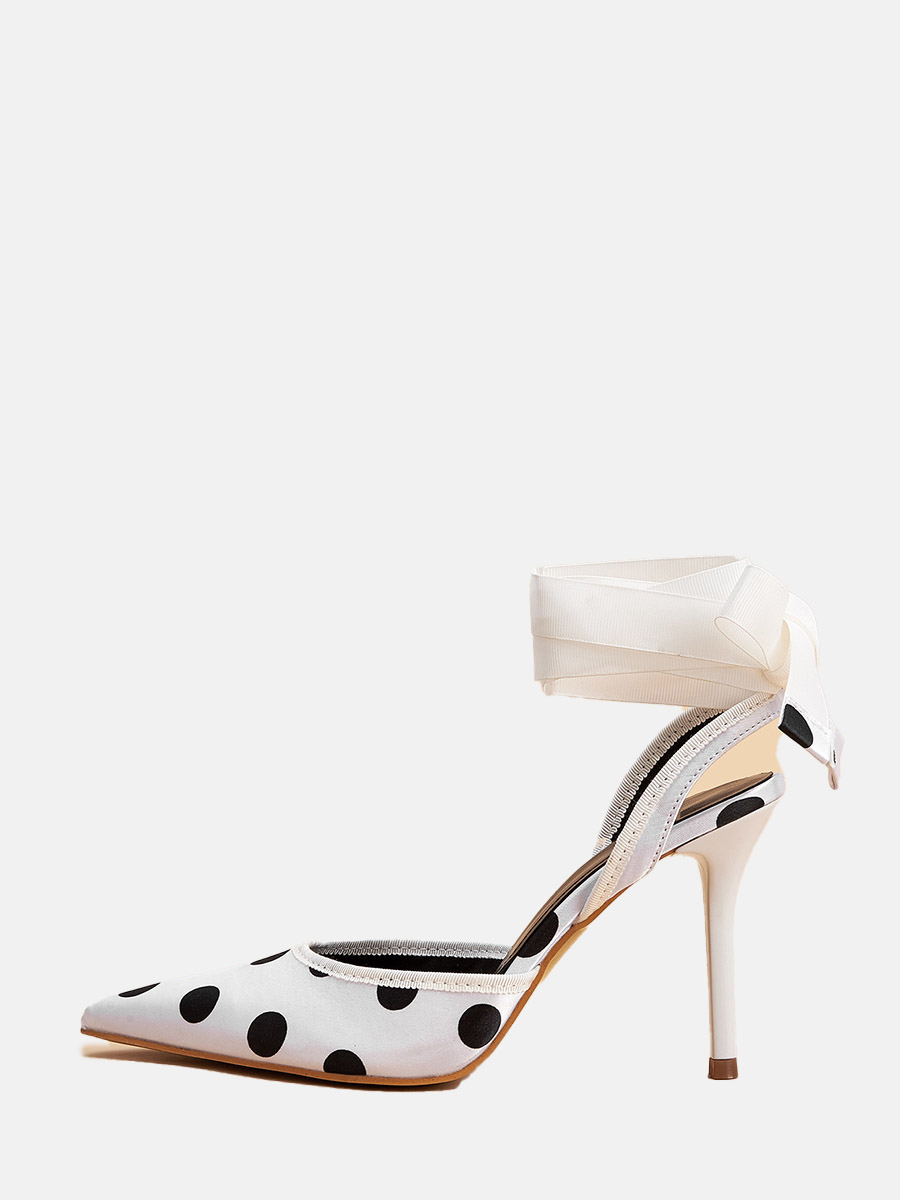 Women’s White Pointed Toe Satin Polka Dot Ribbon Slingback Stiletto Heels