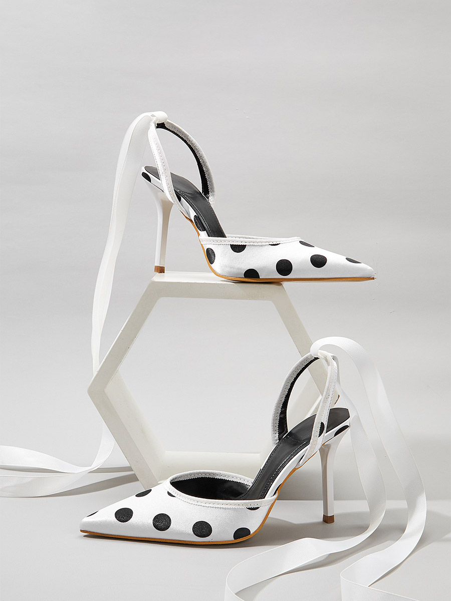 Women’s White Pointed Toe Satin Polka Dot Ribbon Slingback Stiletto Heels (6)