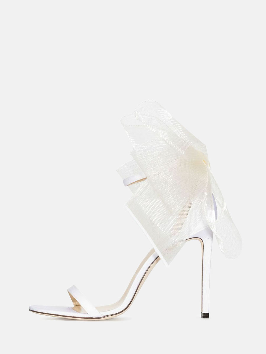 Women’s White Satin Ankle Strap Stiletto Heels Sandals with Large Mesh Bows