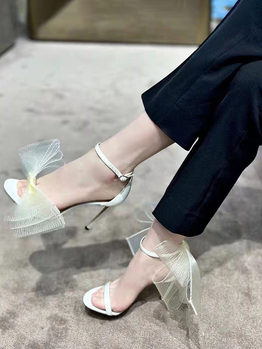 Women’s White Satin Ankle Strap Stiletto Heels Sandals with Large Mesh Bows (7)
