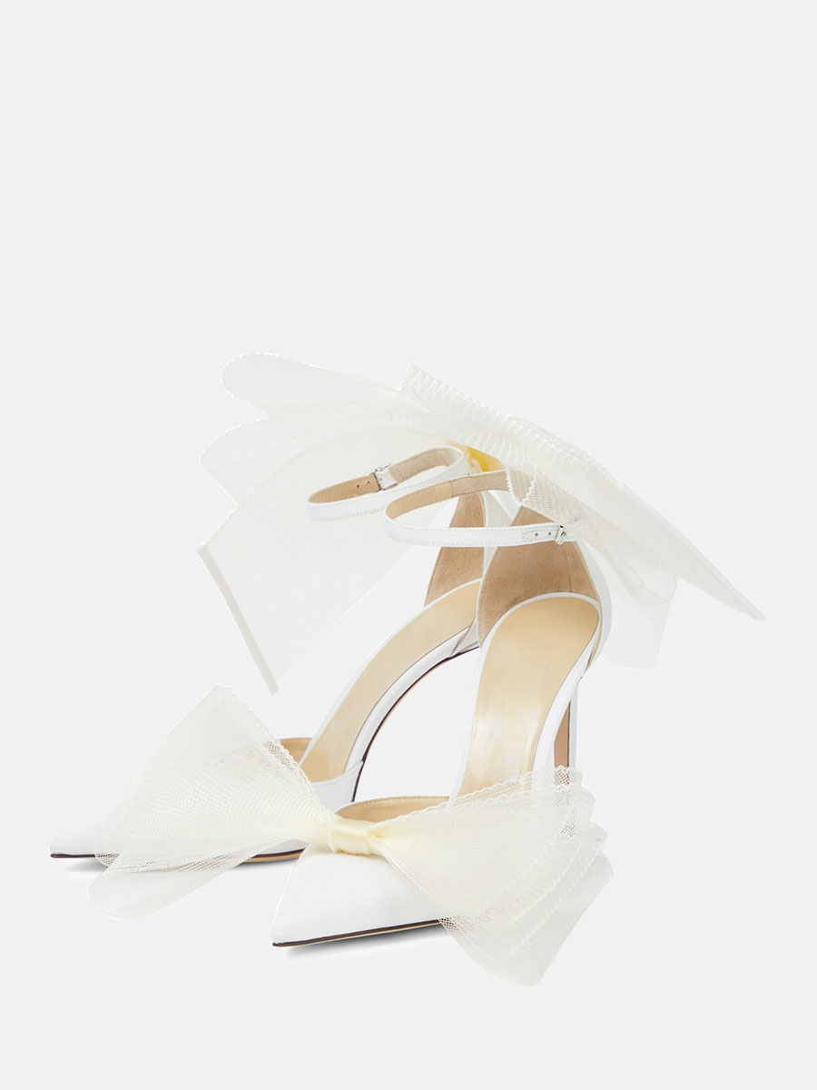 Women’s White Satin Pointed Toe Ankle Strap Buckle Stiletto Heels Large Mesh Bow Pumps (1)