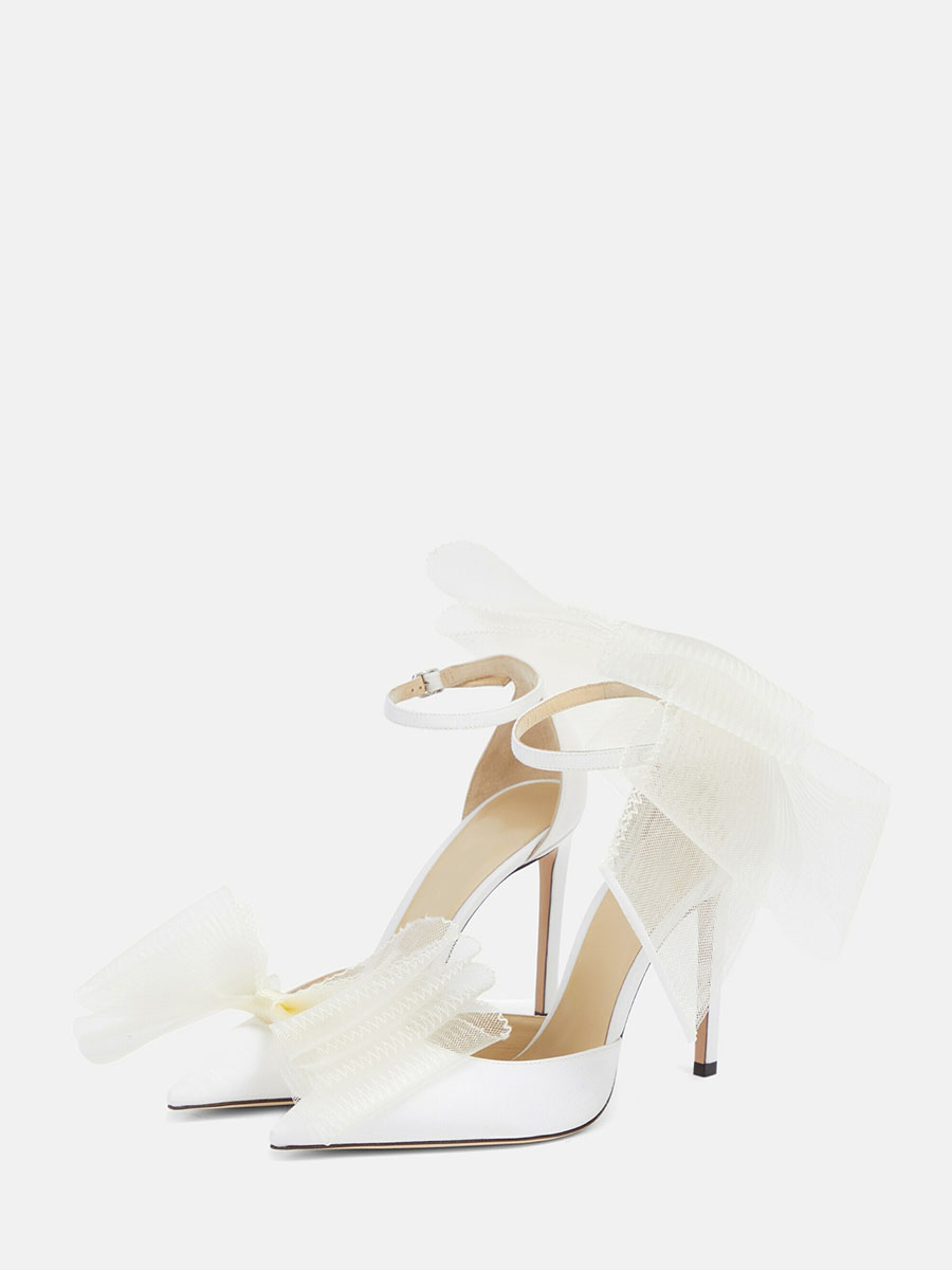 Women’s White Satin Pointed Toe Ankle Strap Buckle Stiletto Heels Large Mesh Bow Pumps