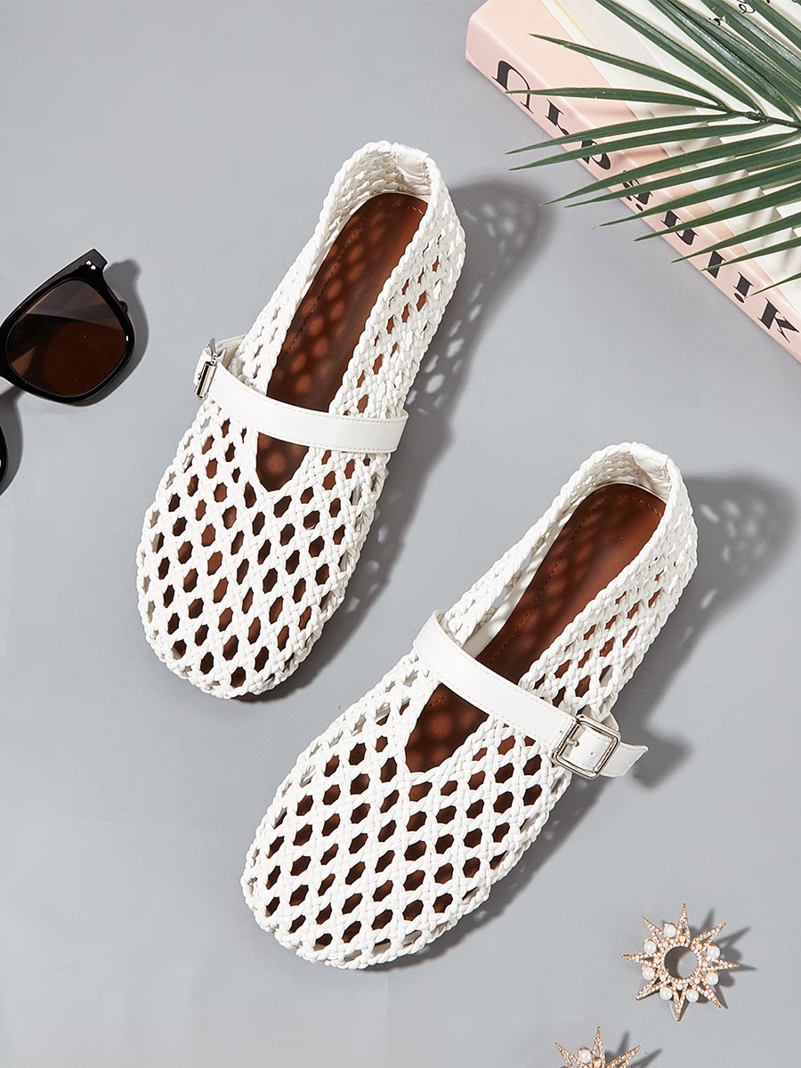 Women’s White Woven PU Buckle Cut-out Mary Jane Ballet Flats (6)