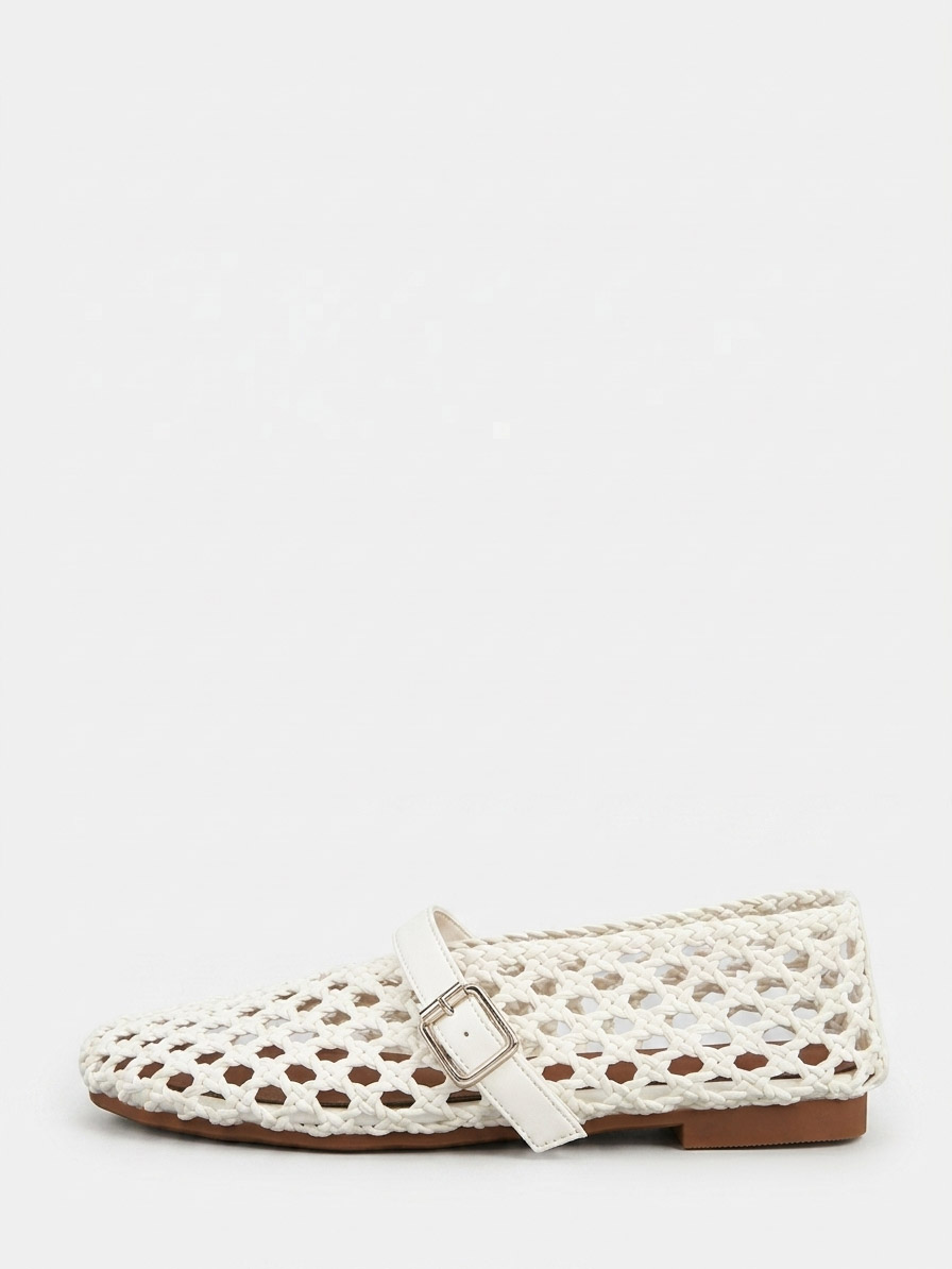 Women’s White Woven PU Buckle Cut-out Mary Jane Ballet Flats