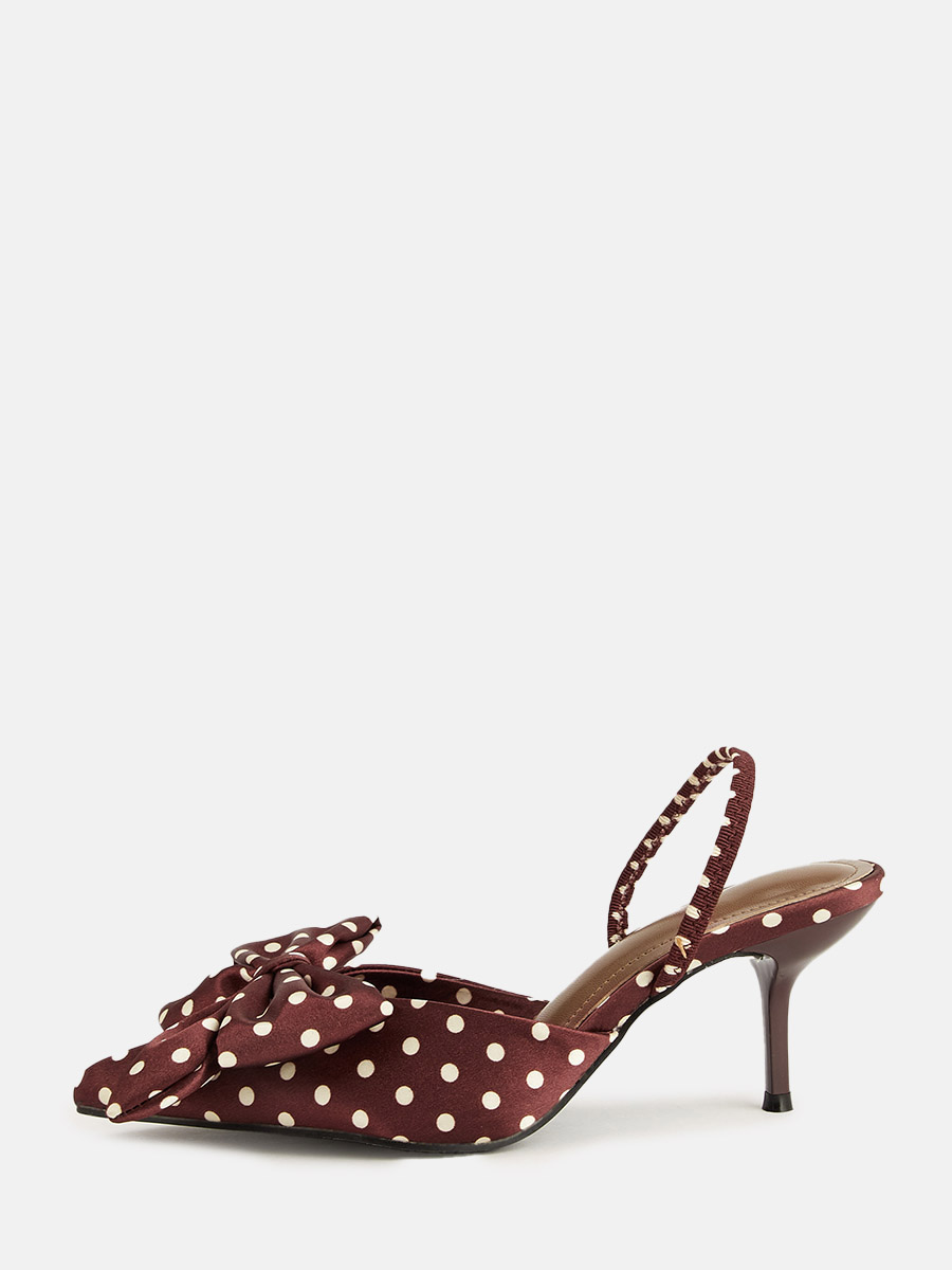 Women’s Wine Red Fabric Polka Dot Bow Stiletto Slingback Heels