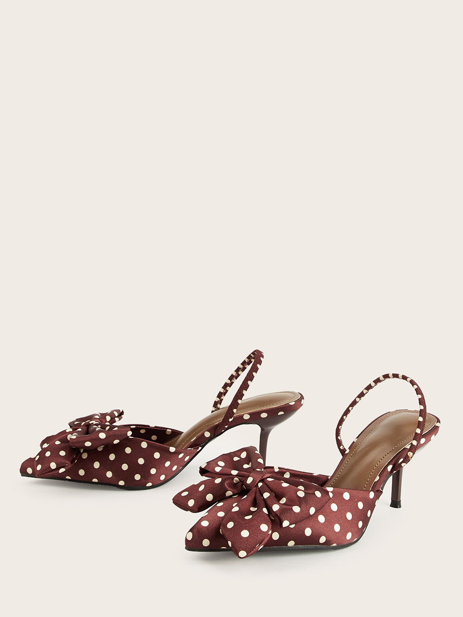 Women’s Wine Red Fabric Polka Dot Bow Kitten Slingback Heels (8)