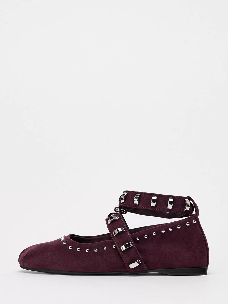 Women’s Wine Red Microfiber Mary Jane Round Toe Studs Ankle Strap Buckle Ballet Flats