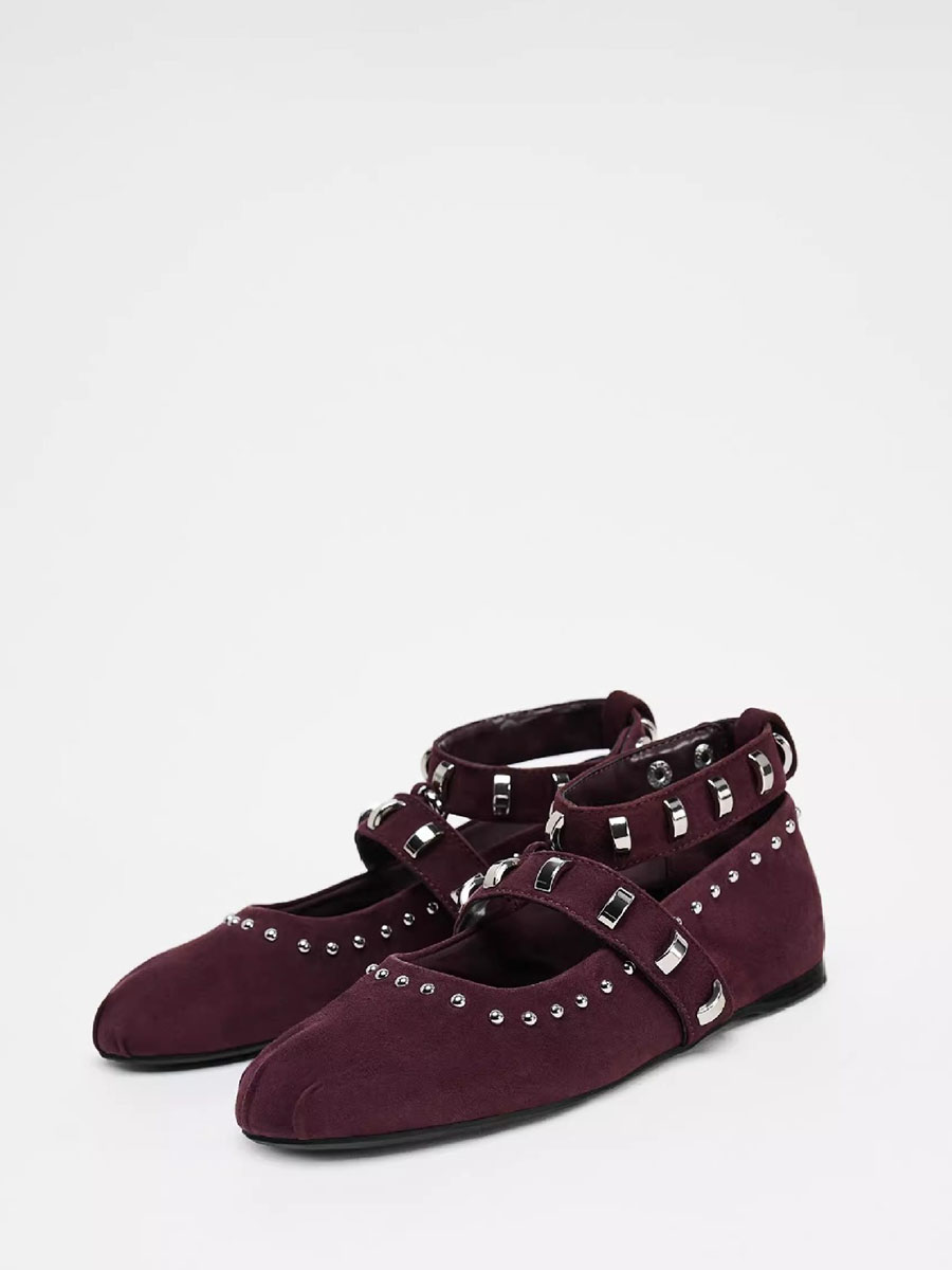 Women’s Wine Red Microfiber Mary Jane Round Toe Studs Ankle Strap Buckle Ballet Flats (2)