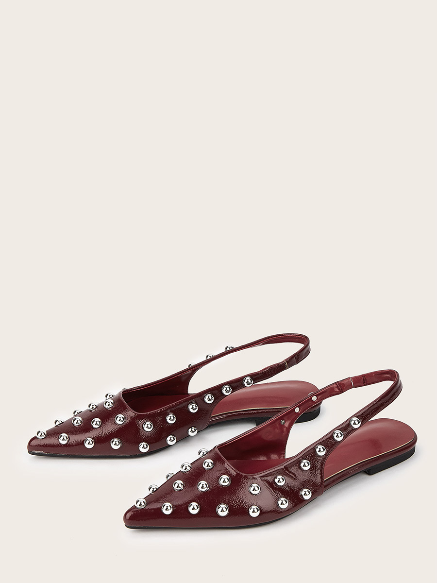 Women’s Wine Red PU Studded Pointed Toe Slingback Flats (2)