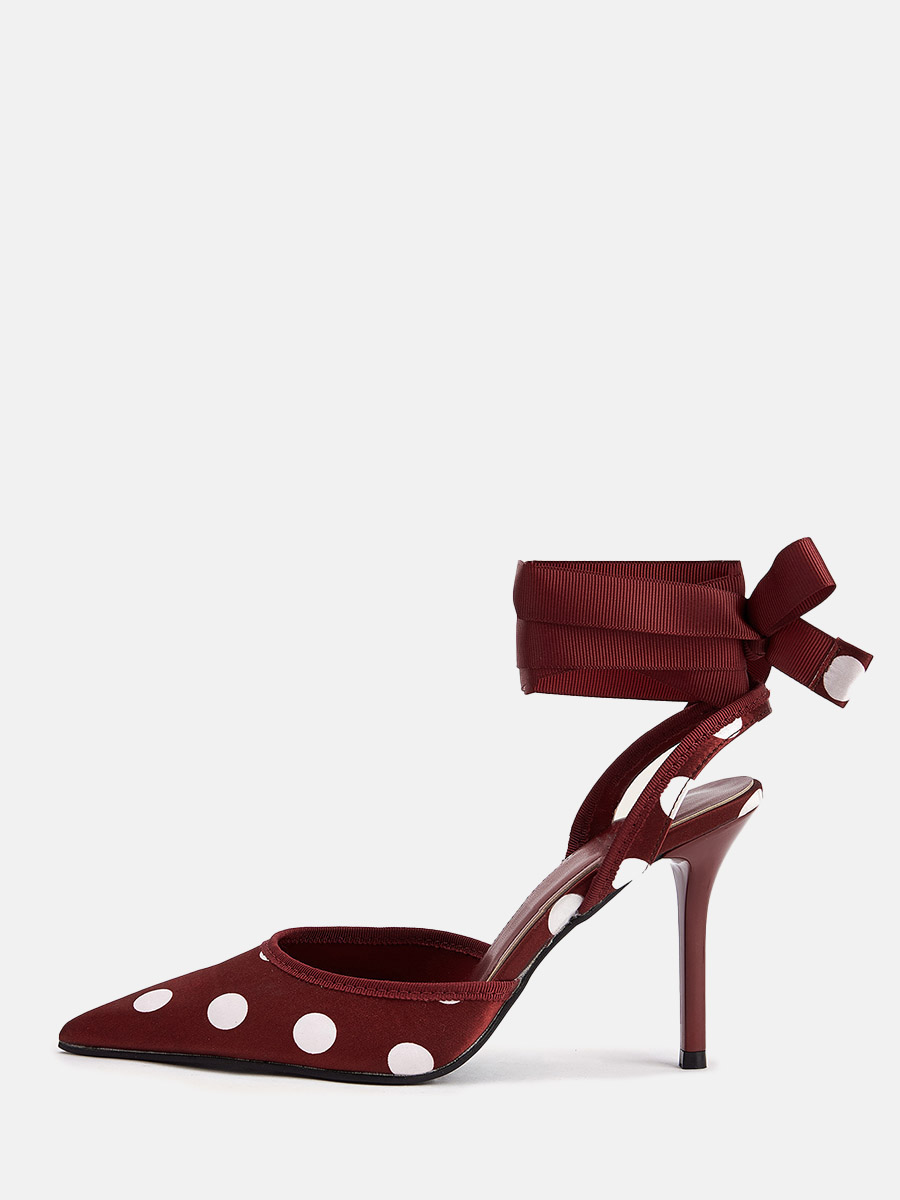 Women’s Wine Red Satin Polka Dot Ribbon Pointed Toe Slingback Stiletto Heels