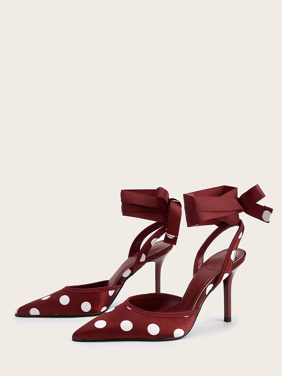 Women’s Wine Red Satin Polka Dot Ribbon Pointed Toe Slingback Stiletto Heels (2)