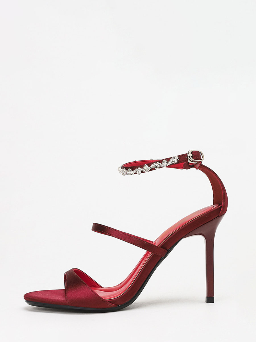 Women’s Wine Red Satin Rhinestone Ankle Strap Stiletto Heels Sandals