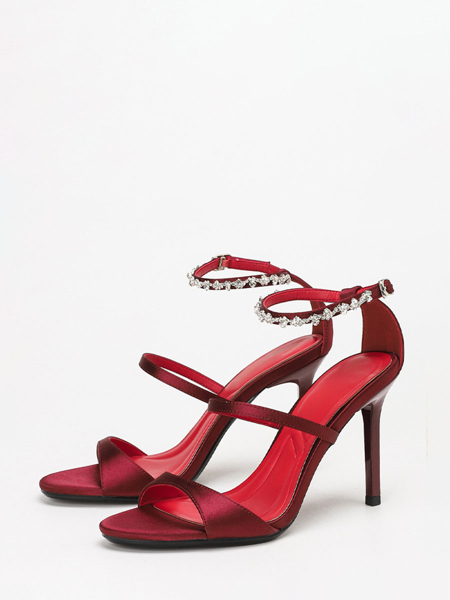 Women’s Wine Red Satin Rhinestone Ankle Strap Stiletto Heels Sandals (2)