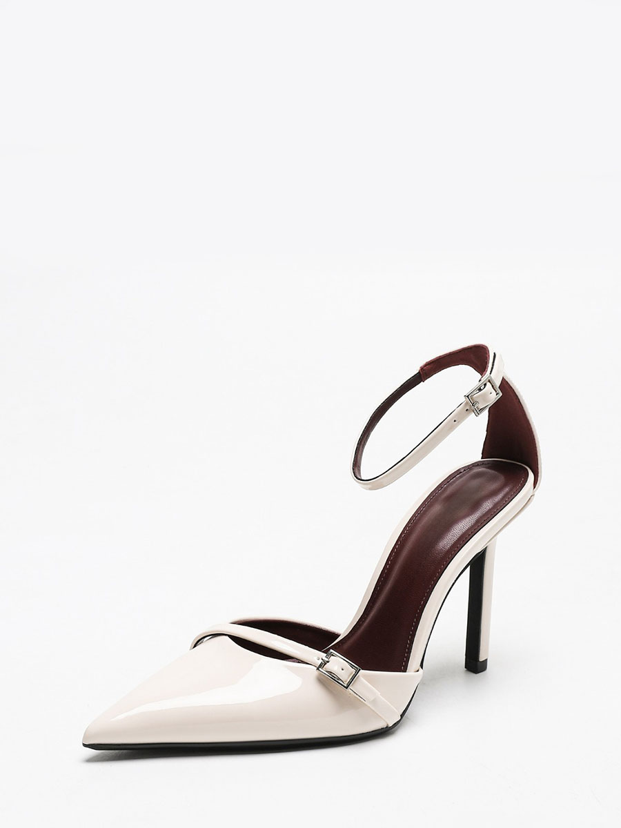 Women’s Beige Mirror Synthetic Leather Pointed Toe Ankle Strap Stiletto Heels Pumps