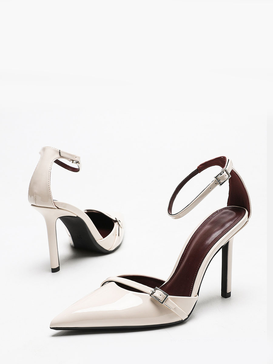 Women’s Beige Mirror Synthetic Leather Pointed Toe Ankle Strap Stiletto Heels Pumps (2)