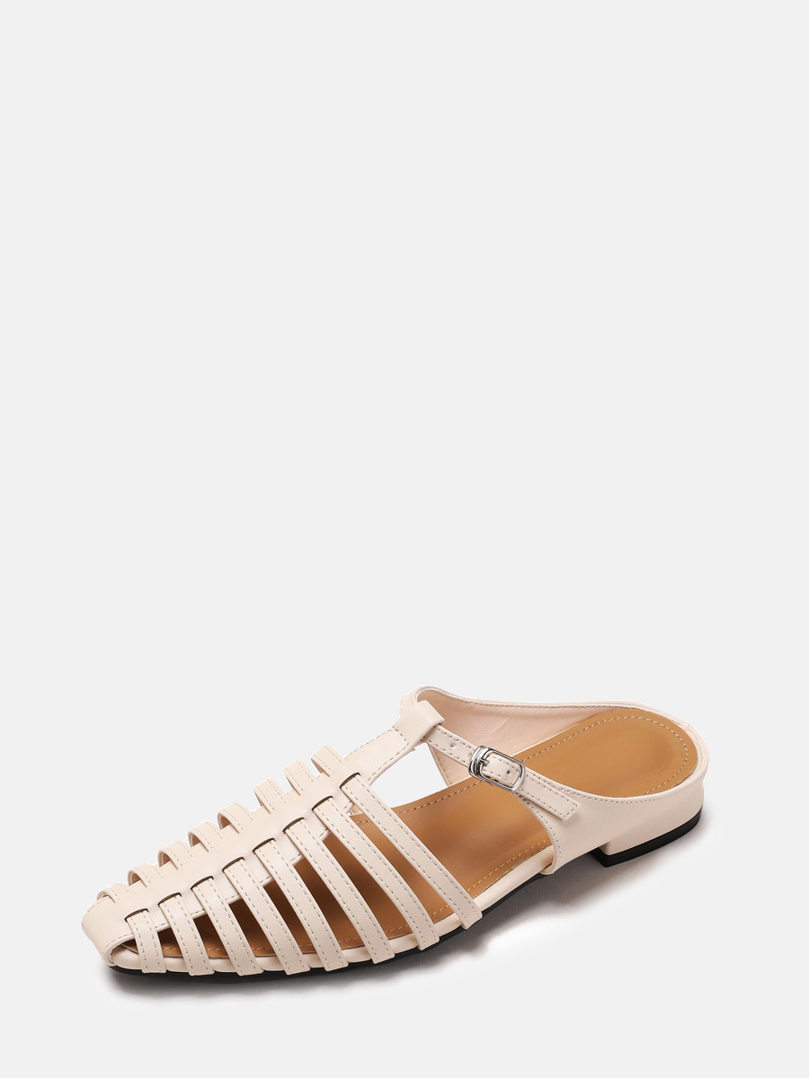 Women’s Beige PU Buckle Square Toe Low Block Heels Gladiator Sandals