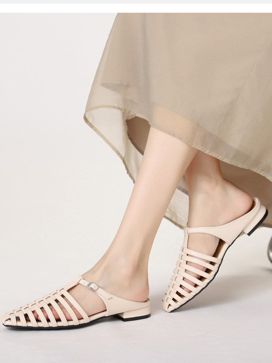 Women’s Beige PU Buckle Square Toe Low Block Heels Gladiator Sandals (5)