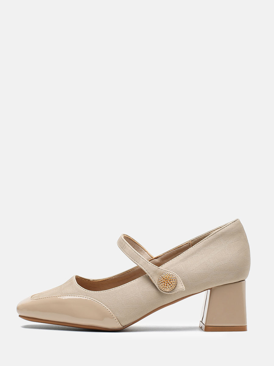 Women’s Beige PU Mary Jane Block Heels Patent Square Toe Buckle Pumps