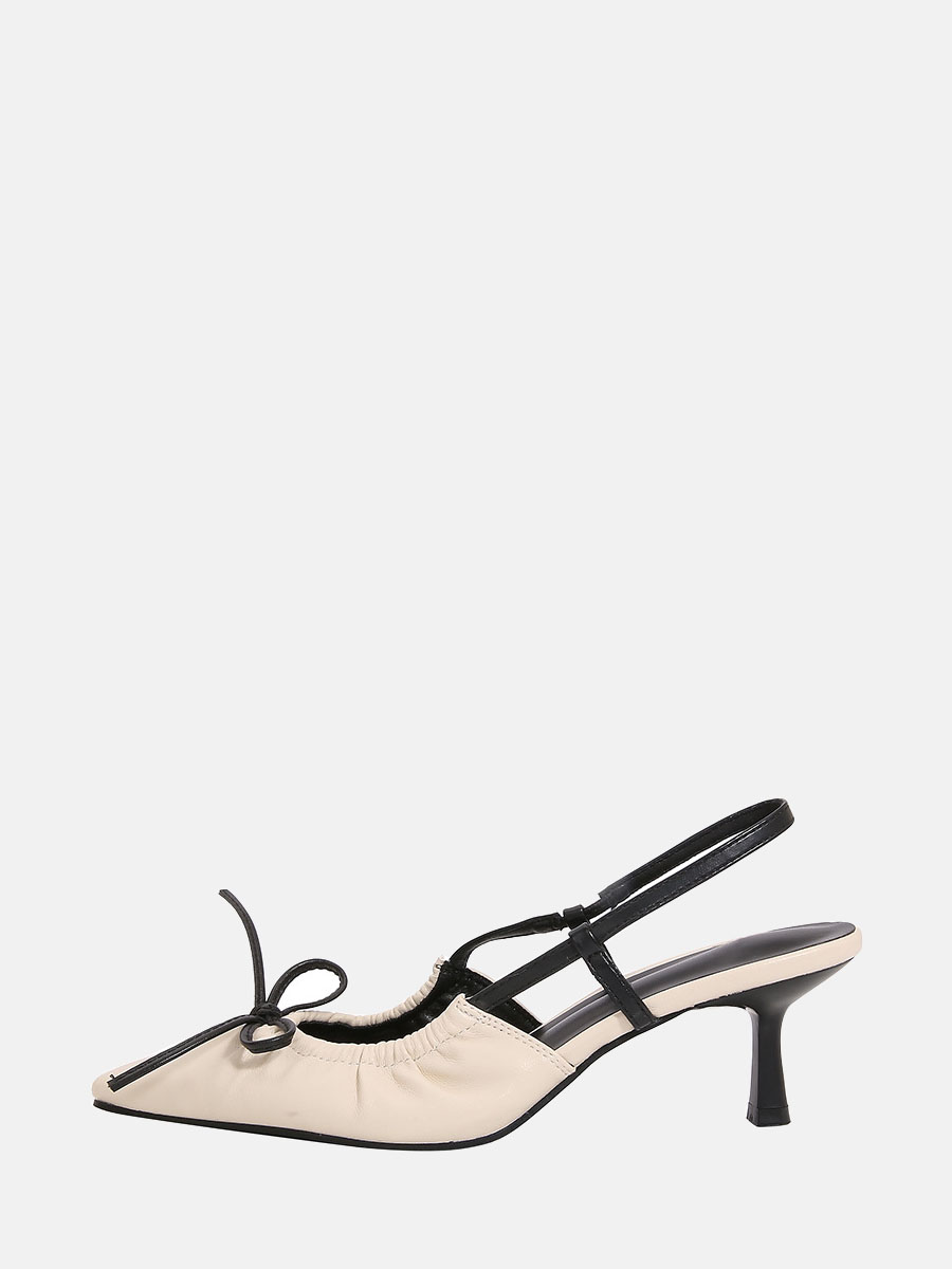 Women’s Beige PU Slingback Pointed Toe Bow Knot Strap Kitten Heels