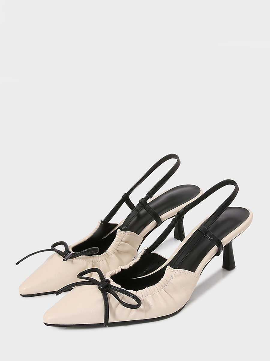 Women’s Beige PU Slingback Pointed Toe Bow Knot Strap Kitten Heels (2)