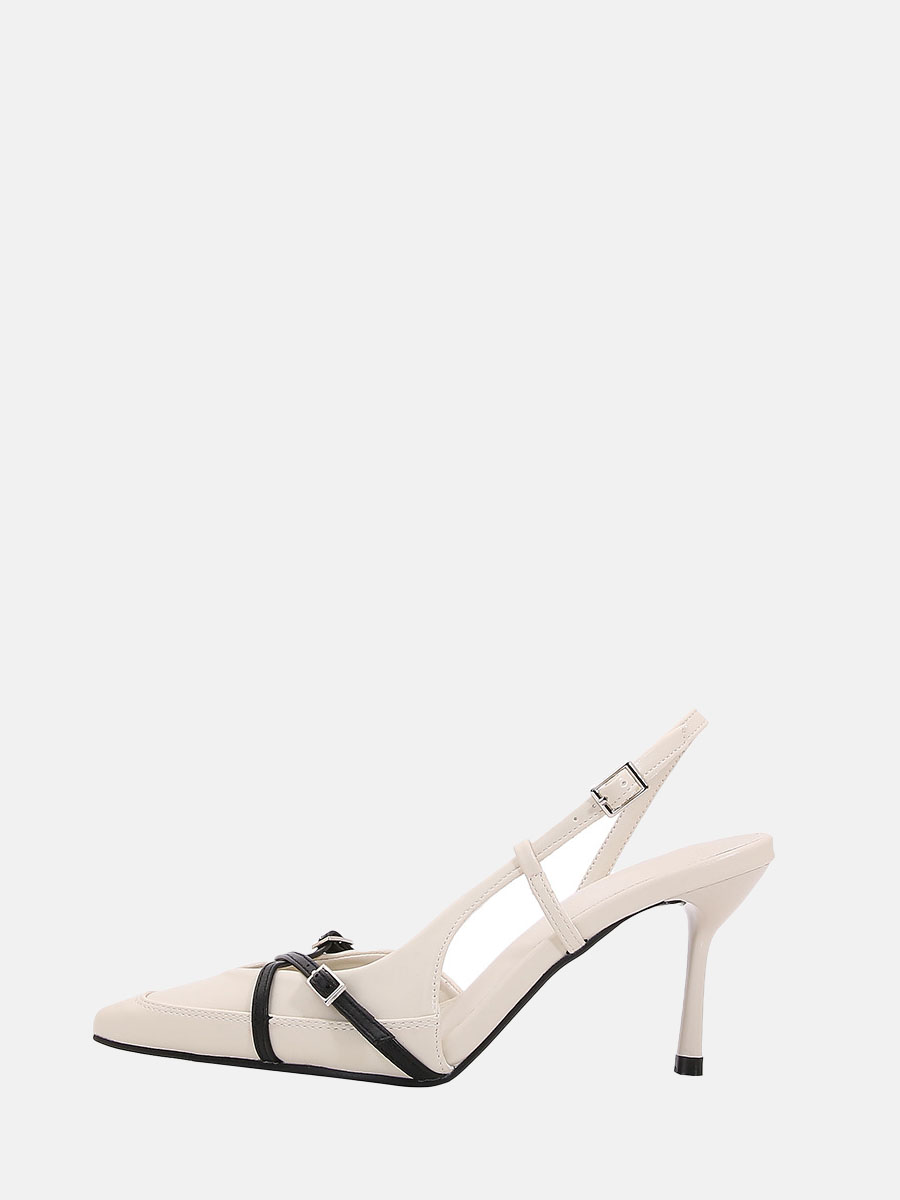 Women’s Beige PU Slingback Pointed Toe Crisscross Strap Buckle Stiletto Heels