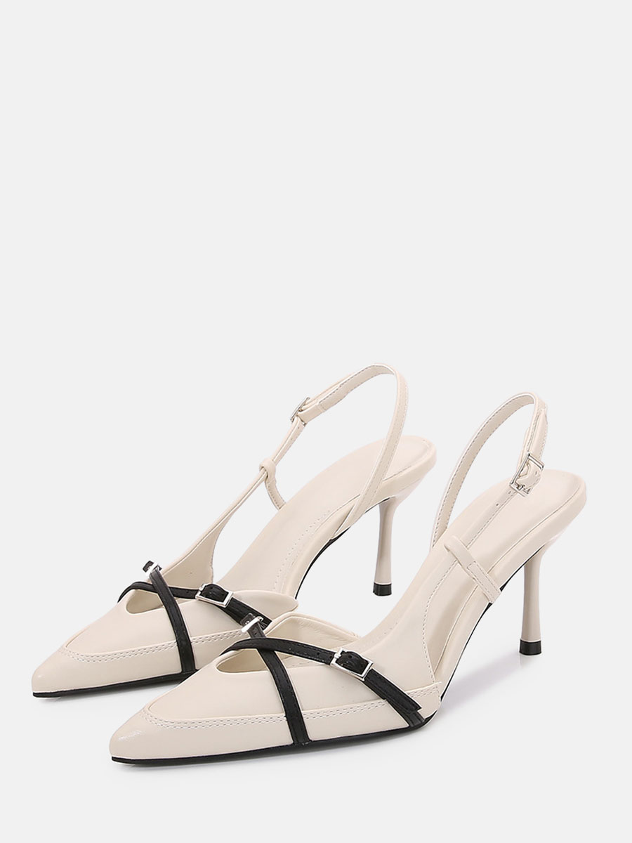 Women’s Beige PU Slingback Pointed Toe Crisscross Strap Buckle Stiletto Heels (2)
