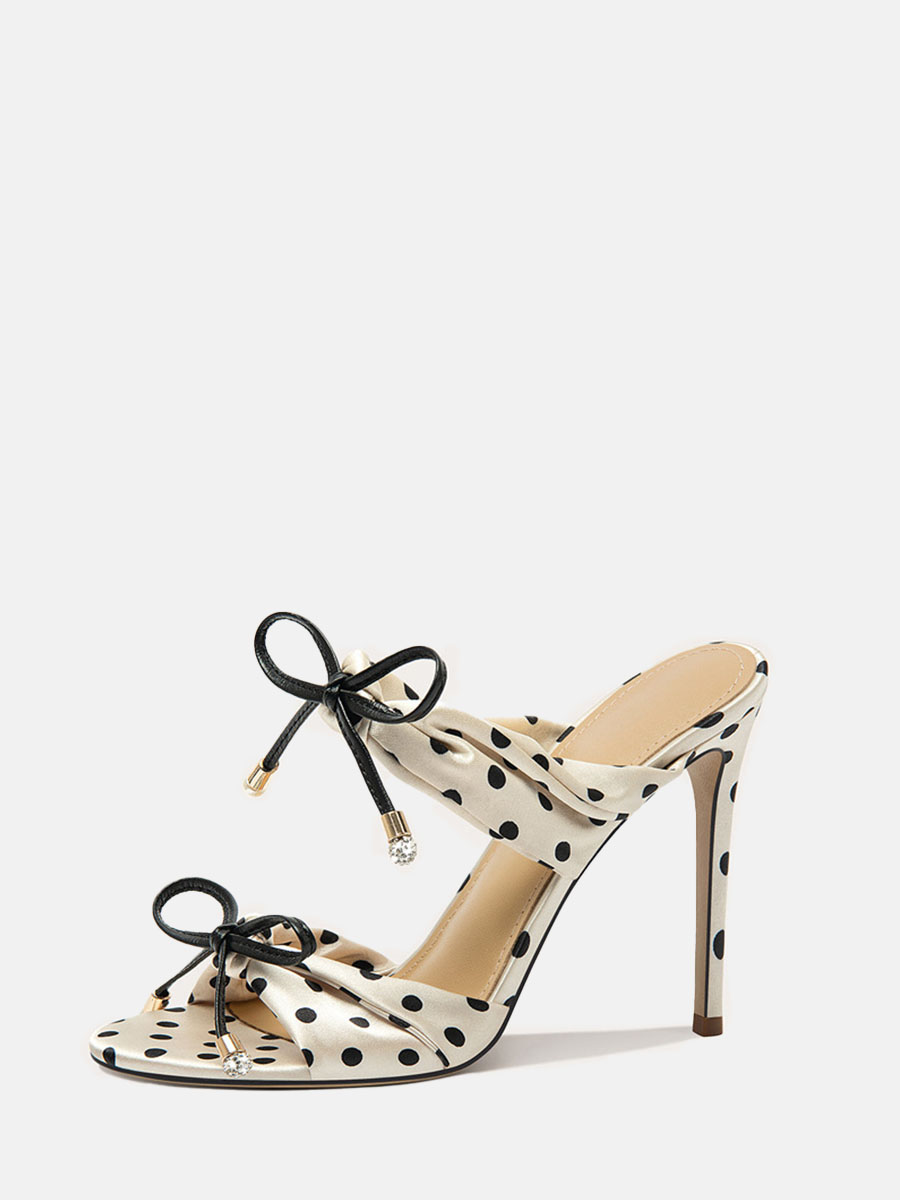 Women’s Beige Polka Dot Microfiber Bows Stiletto Heels Open Toe Mule Sandals