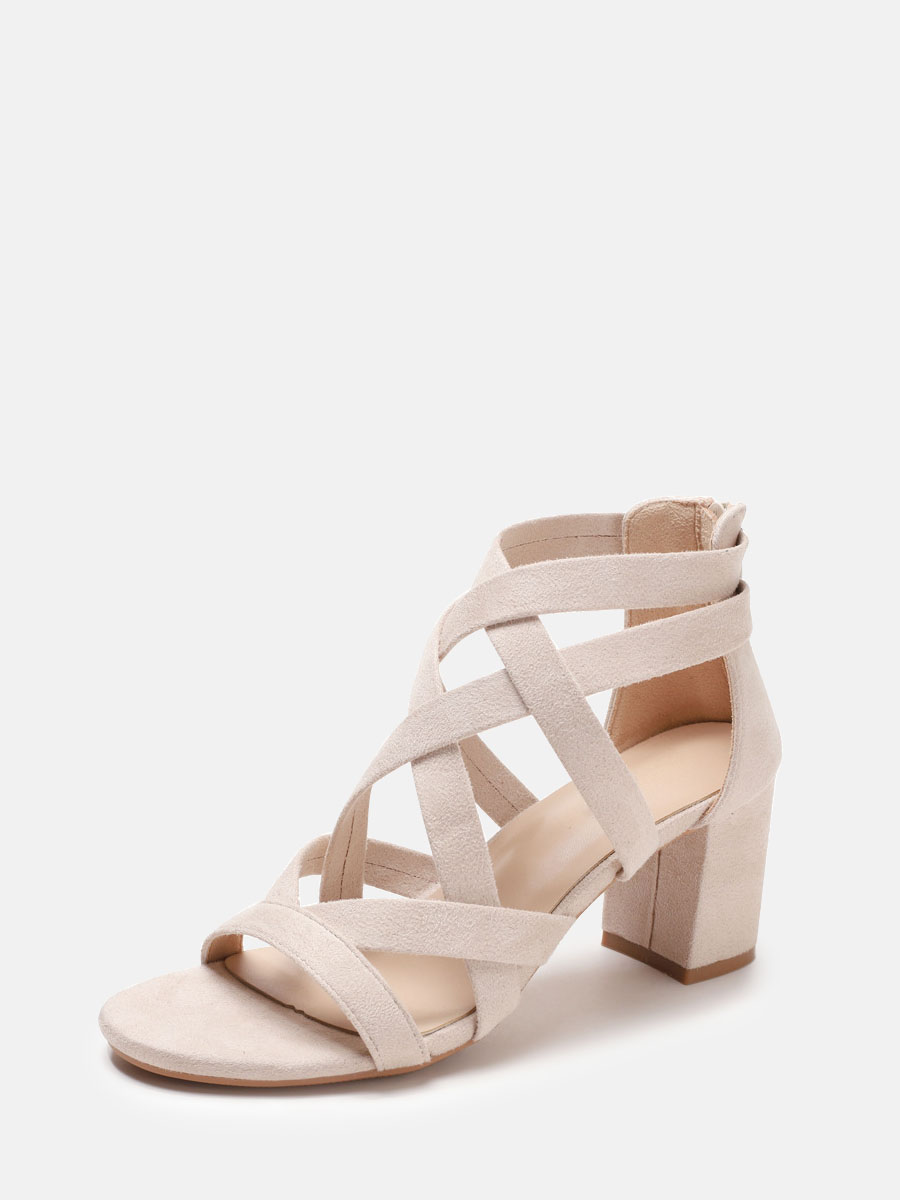 Women’s Beige Suede Crisscross Open Toe Back Zipper Block Heels Gladiator Sandals