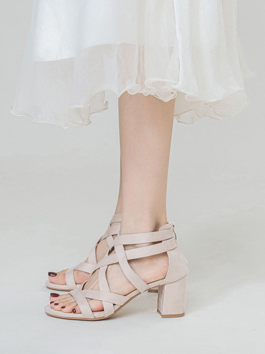 Women’s Beige Suede Crisscross Open Toe Back Zipper Block Heels Gladiator Sandals (5)