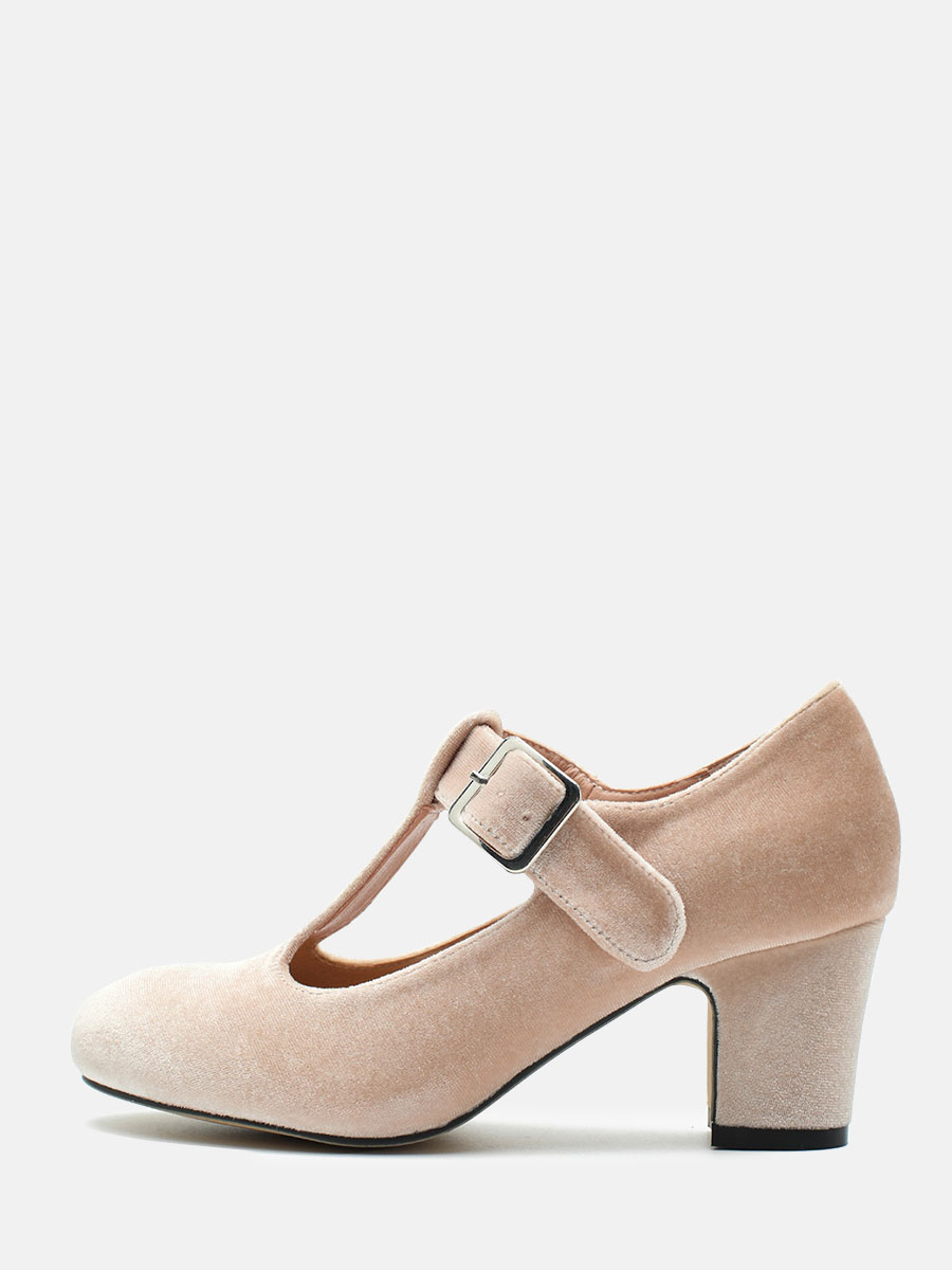 Women’s Beige Velvet T-Strap Buckle Mary Jane Block Heels Round Toe Pumps
