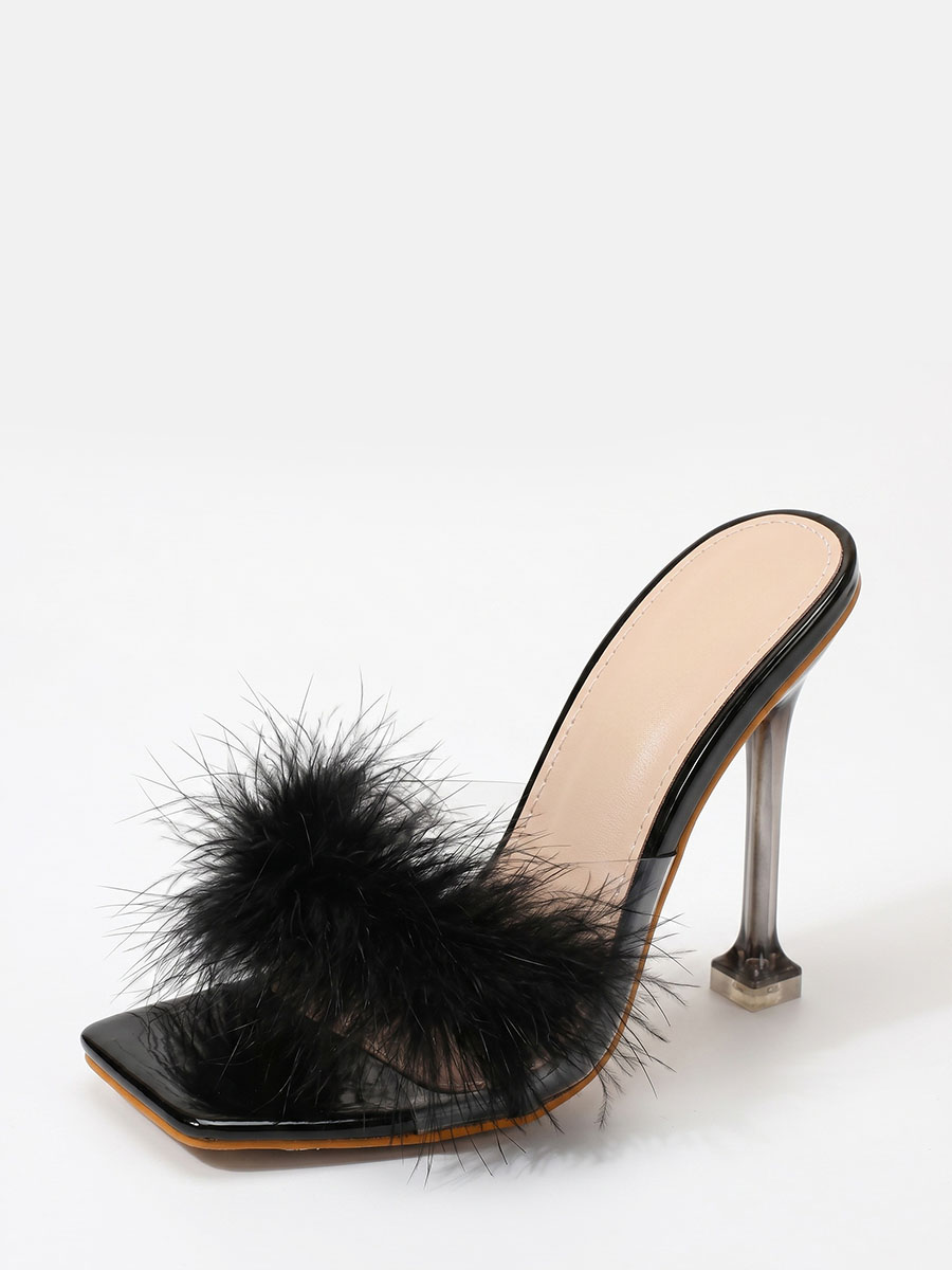 Women’s Black Clear PVC Feather Strap Square Toe Stiletto Heels Mules Sandals