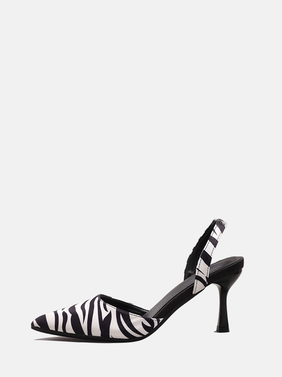Women’s Black Microfiber Elastic Slingback Strap Pointed Toe Zebra Print Stiletto Heels