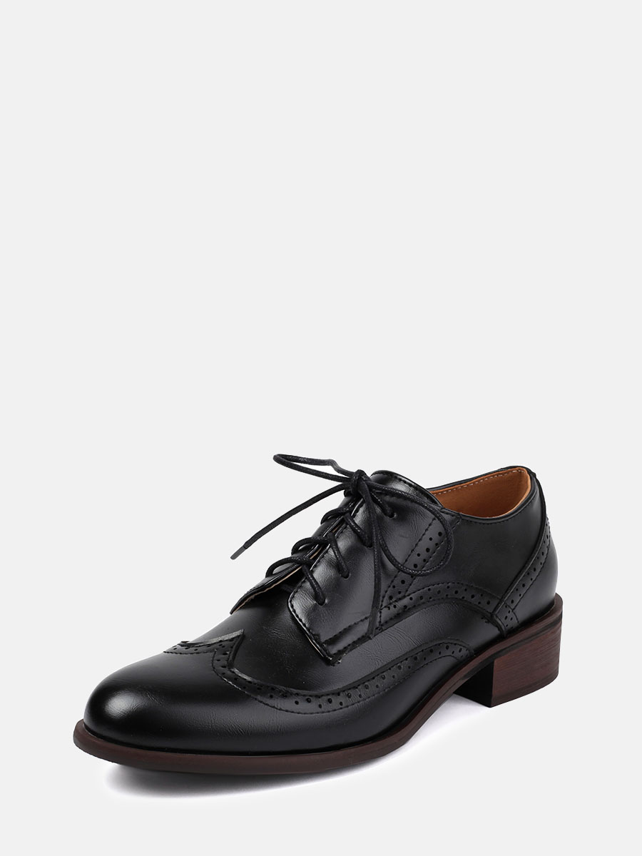 Women’s Black Microfiber Lace-Up Brogue Round Toe Low Block Heels Oxfords