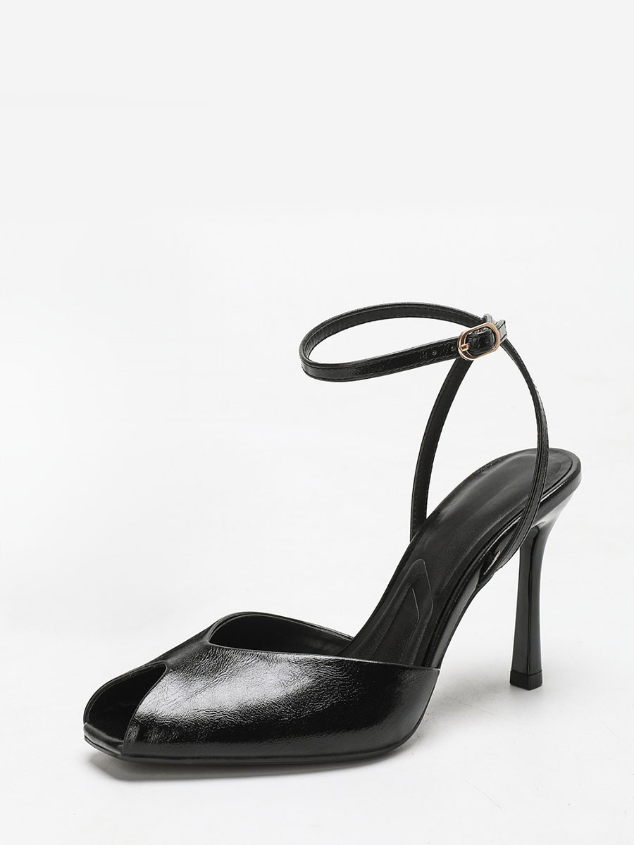 Women’s Black Oil Waxed Synthetic Leather Ankle Strap Buckle Peep Toe Stiletto Heels Sandals