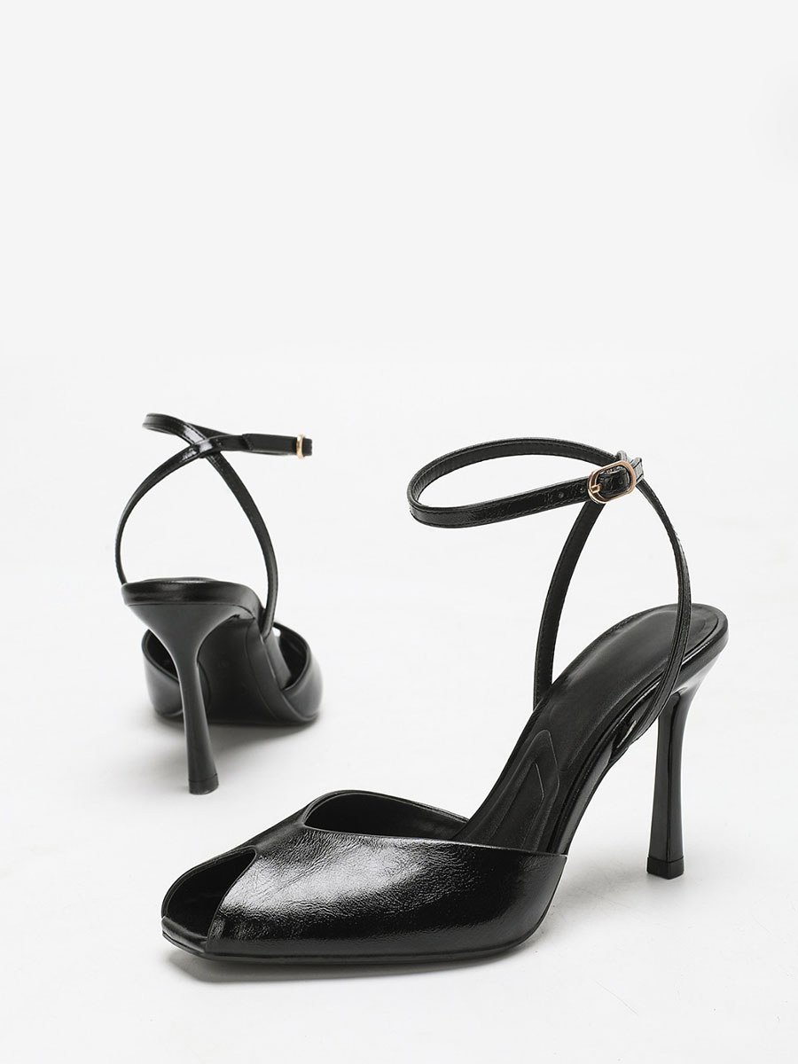Women’s Black Oil Waxed Synthetic Leather Ankle Strap Buckle Peep Toe Stiletto Heels Sandals (2)