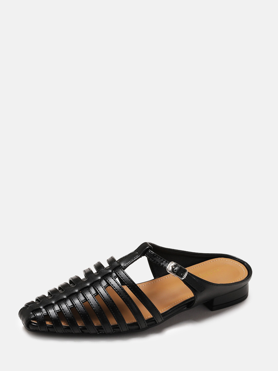 Women’s Black PU Buckle Square Toe Low Block Heels Gladiator Sandals