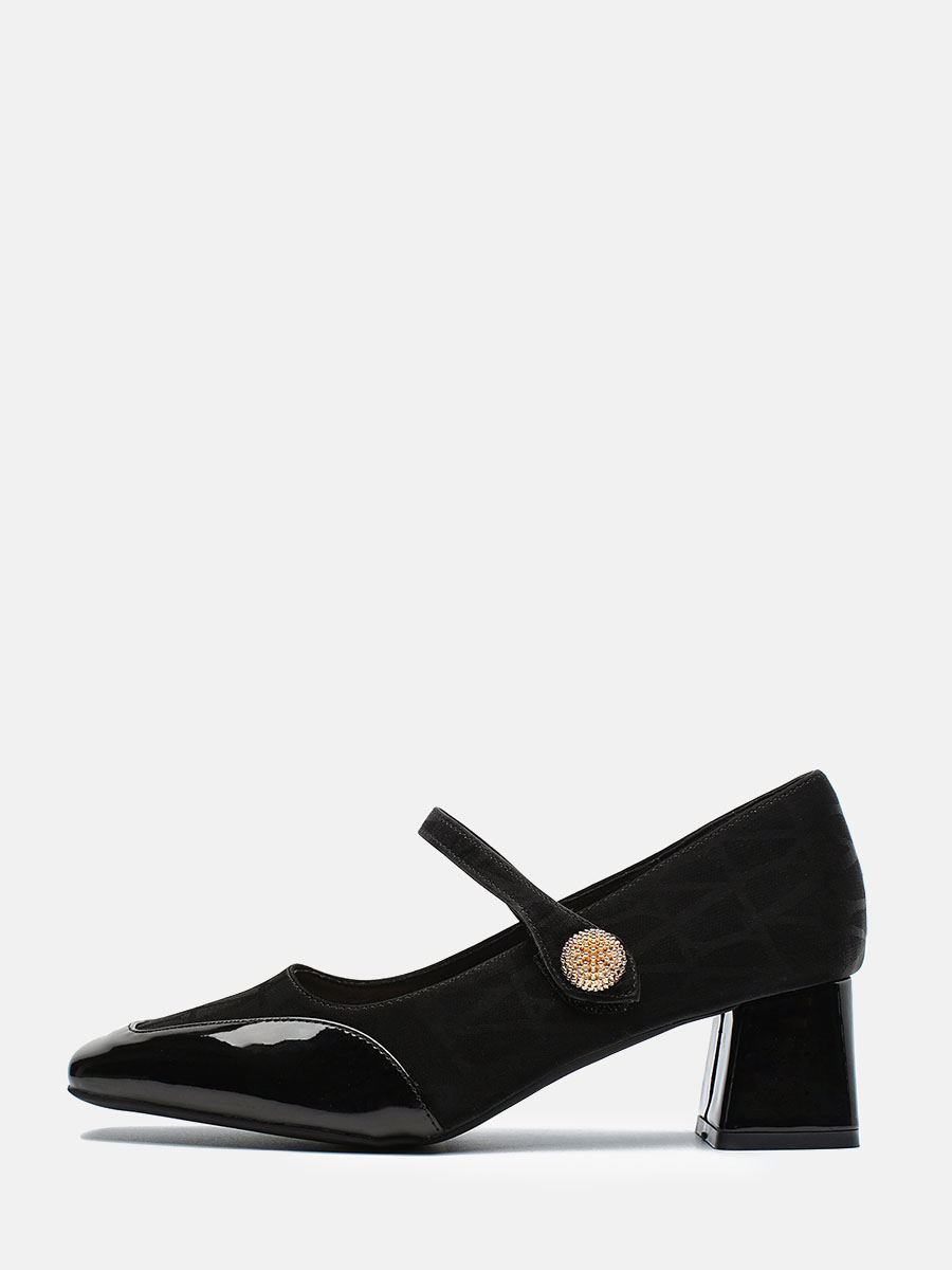 Women’s Black PU Mary Jane Block Heels Patent Square Toe Buckle Pumps
