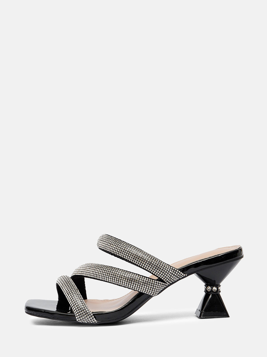 Women’s Black PU Rhinestone Multi-Strap Square Toe Block Heels Mules Sandals