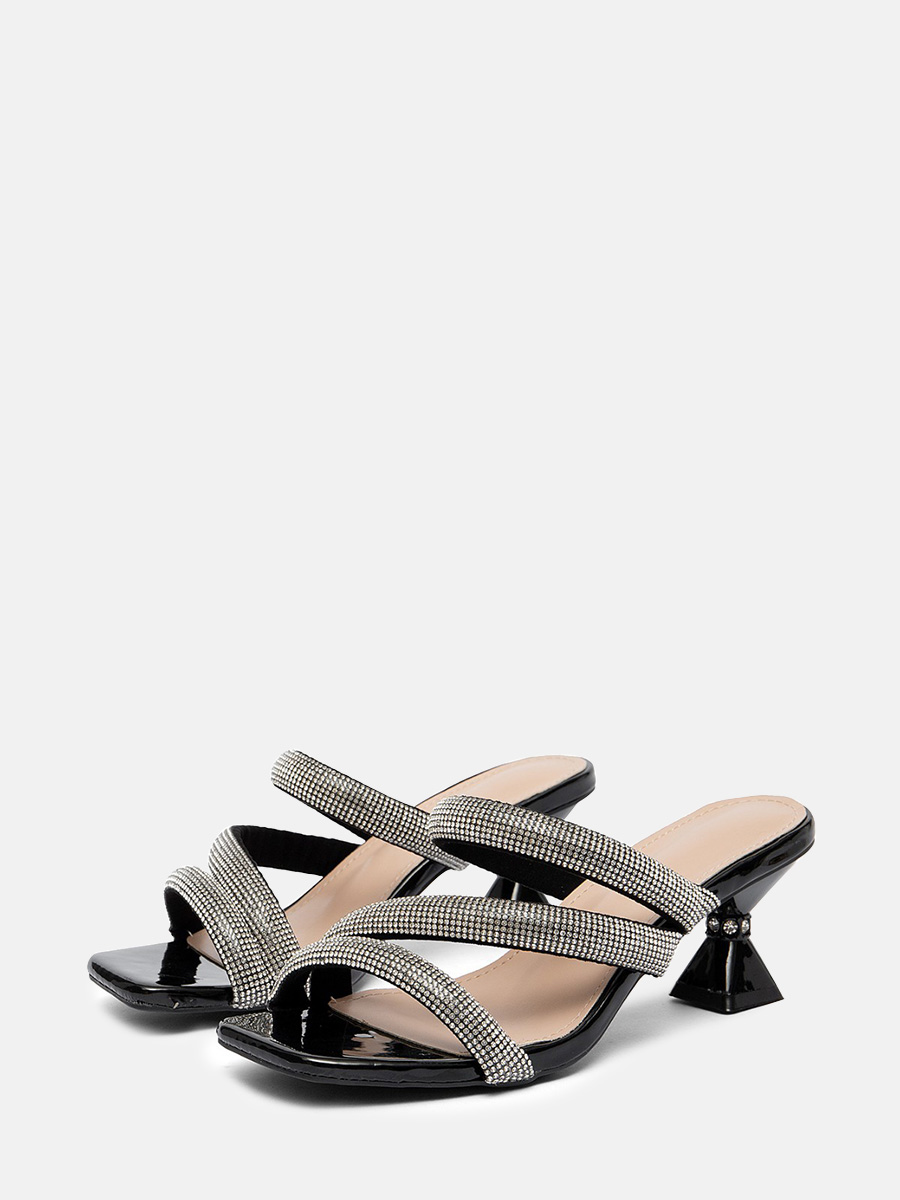 Women’s Black PU Rhinestone Multi-Strap Square Toe Block Heels Mules Sandals (2)