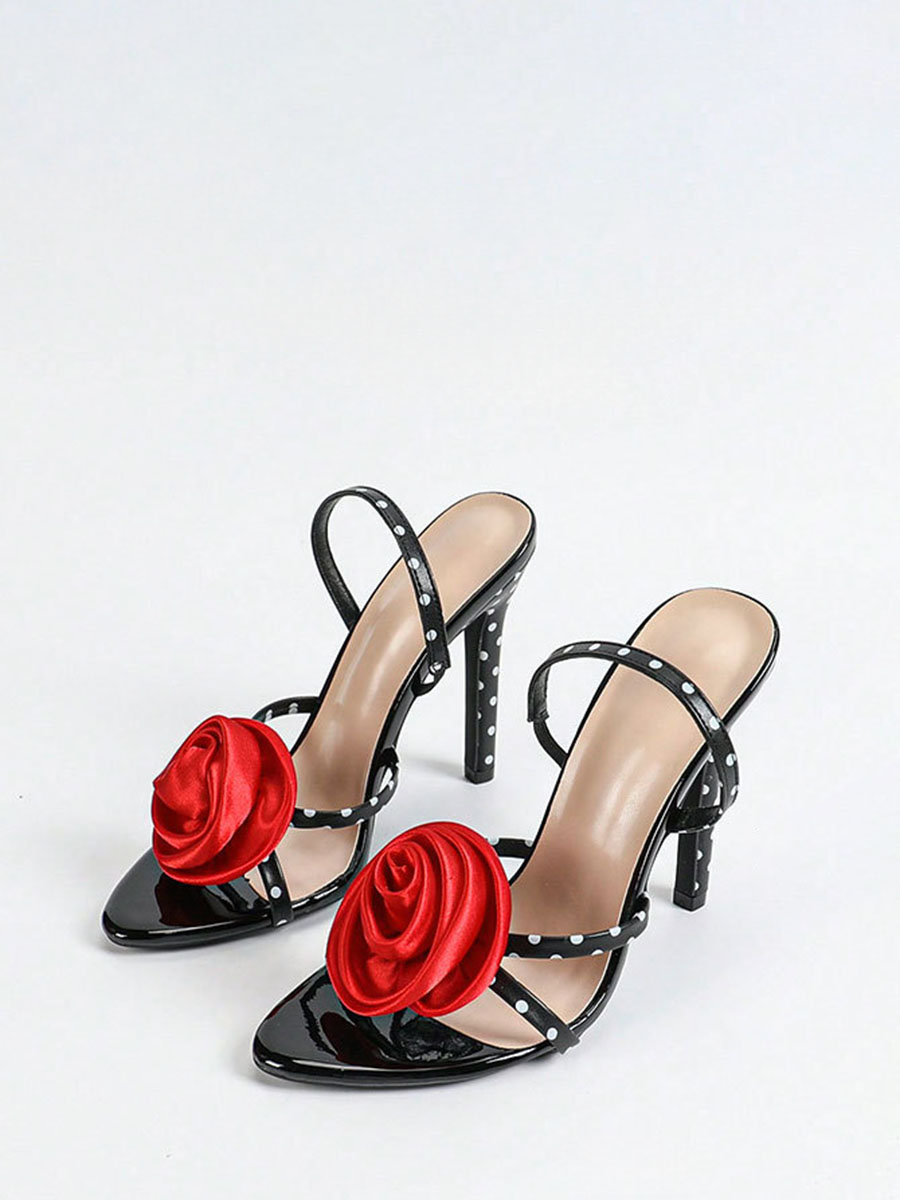 Women’s Black Patent PU Polka Dot Slingback Red-Rose Flower Decoration Stiletto Heels Sandals
