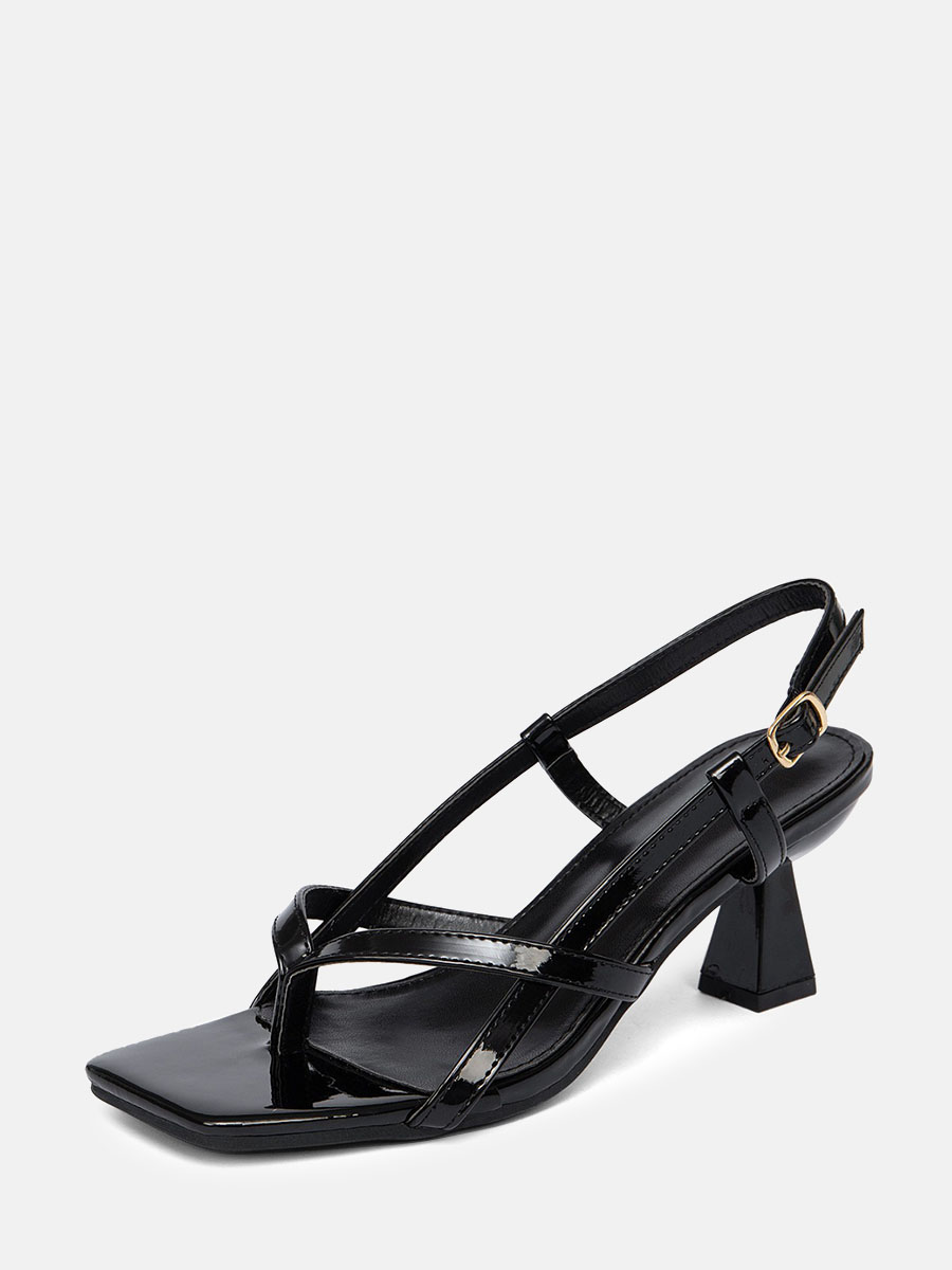 Women’s Black Patent PU Square Toe Slingback Buckle Block Heels Thong Sandals