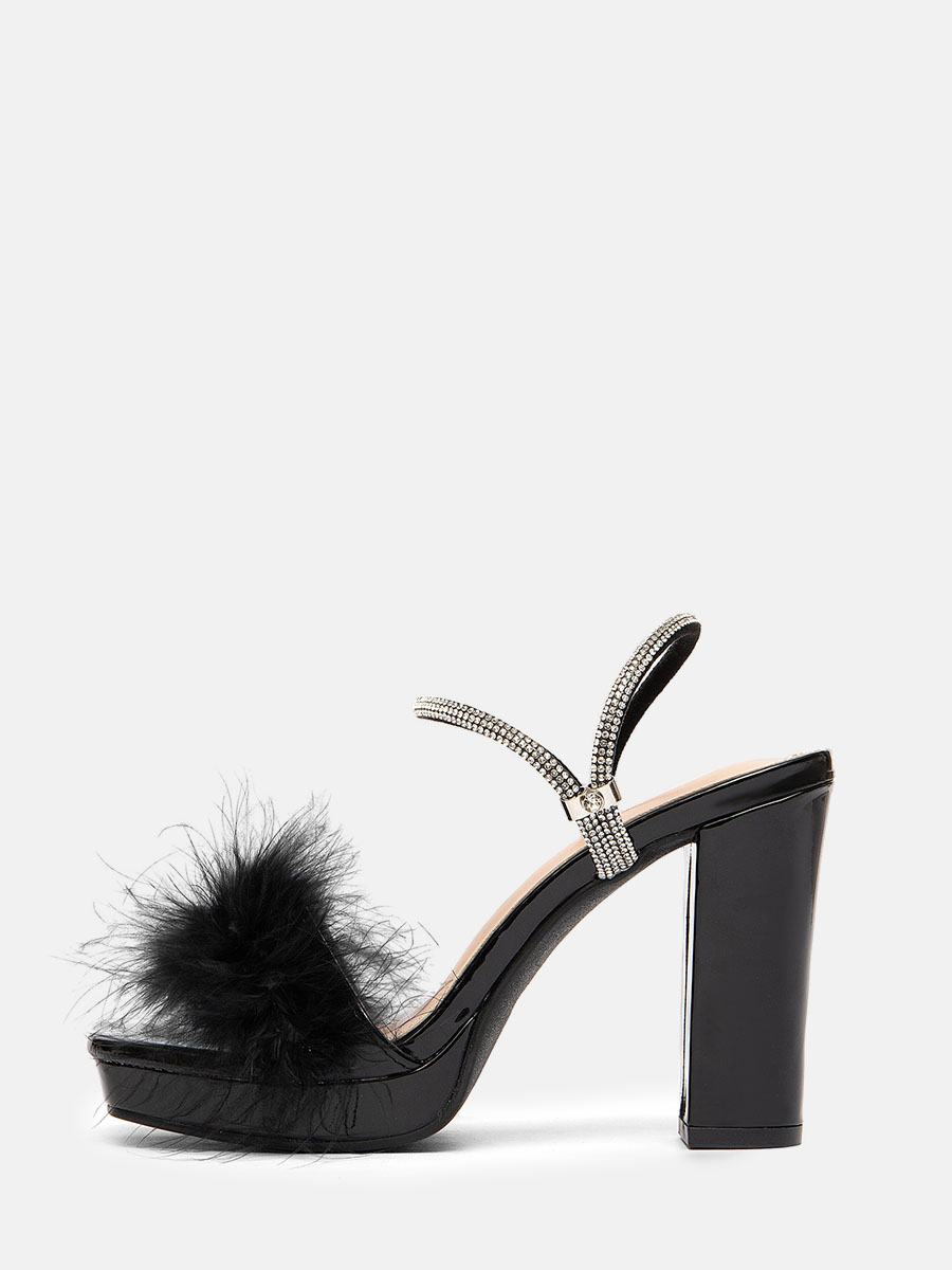 Women’s Black Patent Synthetic Feather Rhinestone Strap Square Toe Platform Chunky Heels Sandals