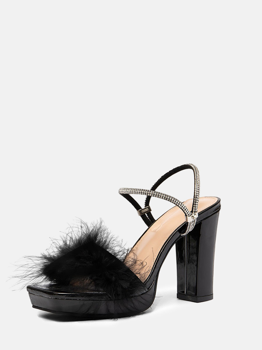 Women’s Black Patent Synthetic Feather Rhinestone Strap Square Toe Platform Chunky Heels Sandals (2)