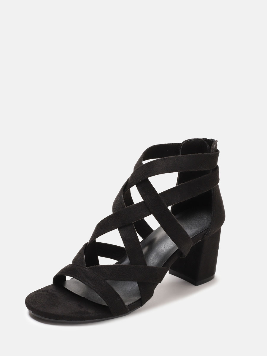 Women’s Black Suede Crisscross Open Toe Back Zipper Block Heels Gladiator Sandals