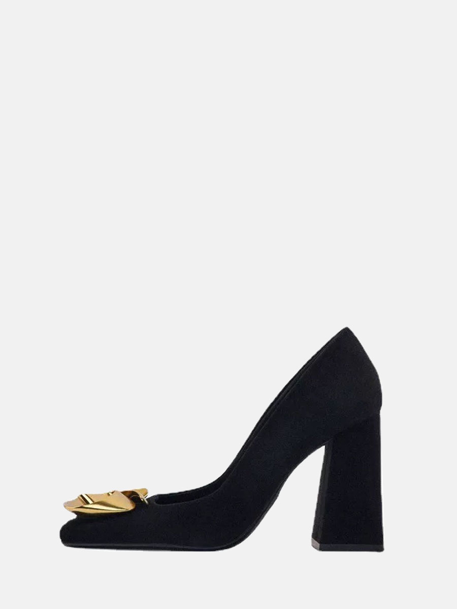 Women’s Black Suede Lambskin Square Toe Gold-Metal Flower Decoration Chunky Heels Pumps