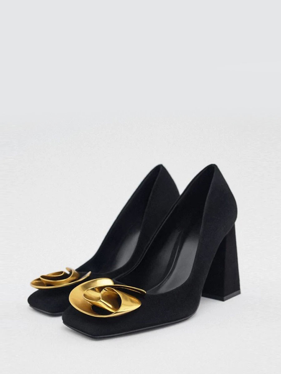 Women’s Black Suede Lambskin Square Toe Gold-Metal Flower Decoration Chunky Heels Pumps (2)