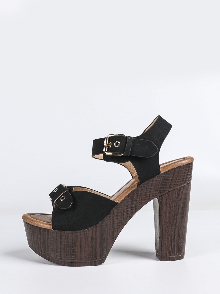 Women’s Black Synthetic Buckle Platform Chunky Heels Sandals